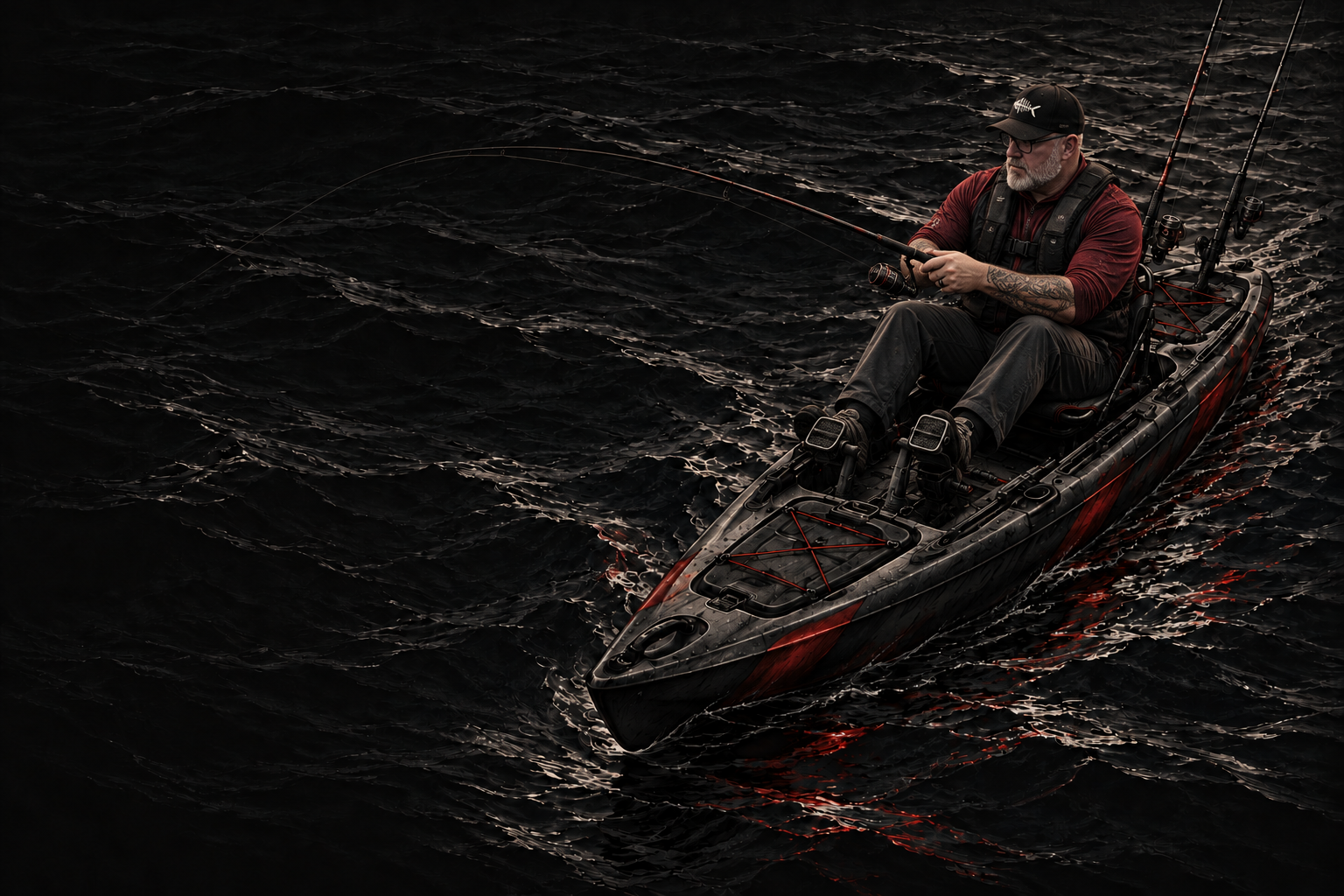 Illustration of Seven fishing from a pedal-drive kayak on dark coastal water
